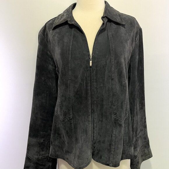 Y2K Live A Little Suede Leather Jacket XL Dark Gray Zip Front Boho Western Moto - Picture 1 of 10